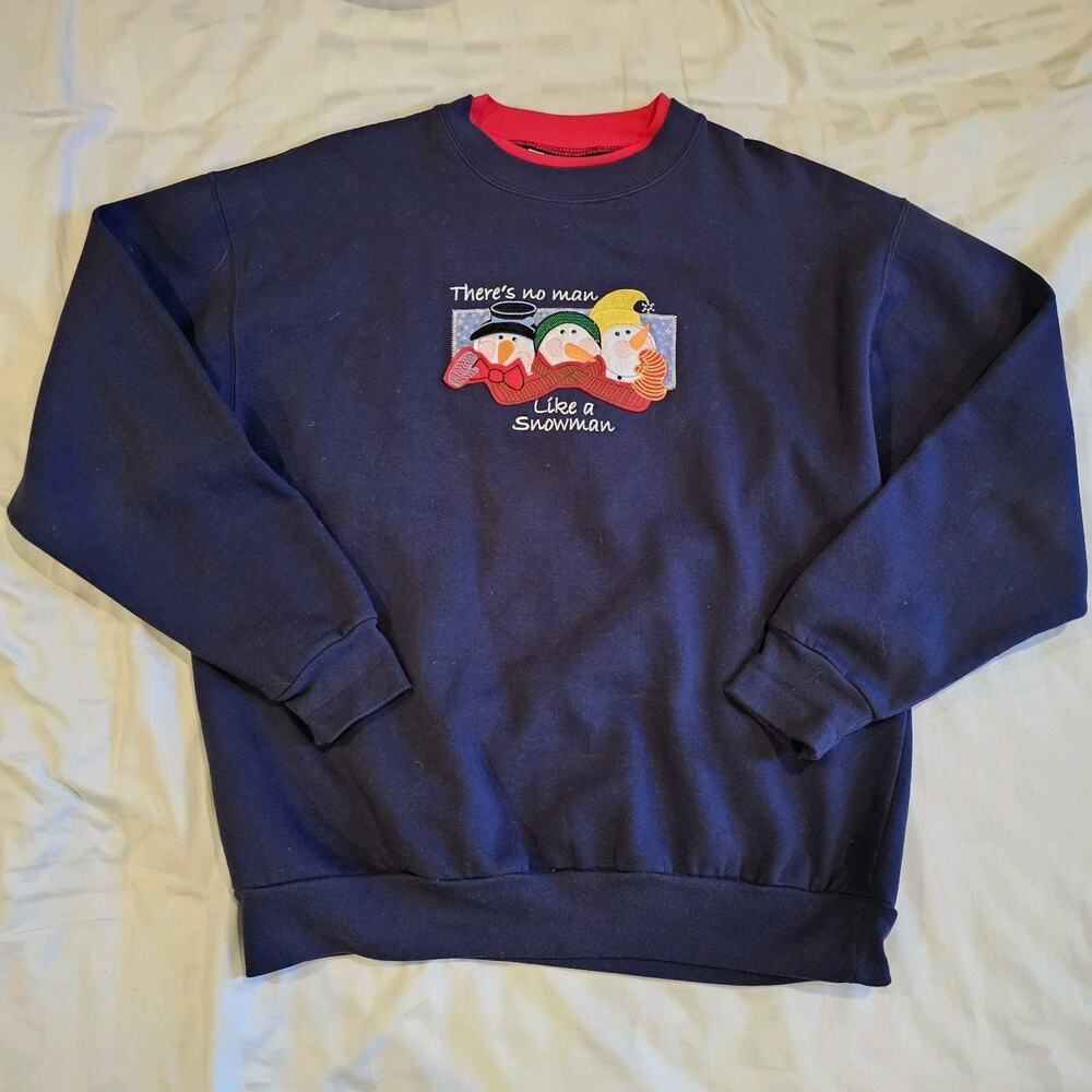 Vtg Sweatshirt Theres No Man Like a Snowman LG Blue Christmas Applique Single
